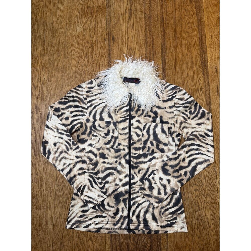Vintage Tripp NYC Y2K Tiger Print Faux Fur Collar Zip Jacket Small
